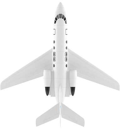 Top view of a white airplane with two engines under the wings. Top view of a white airplane with two engines under the wings.
