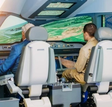 Two men in a flight simulator cockpit with landscape displays.